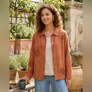 VTG Mirasol Artisan Boho Beaded Jacket Art-to-Wear Floral Embroidery Terracotta